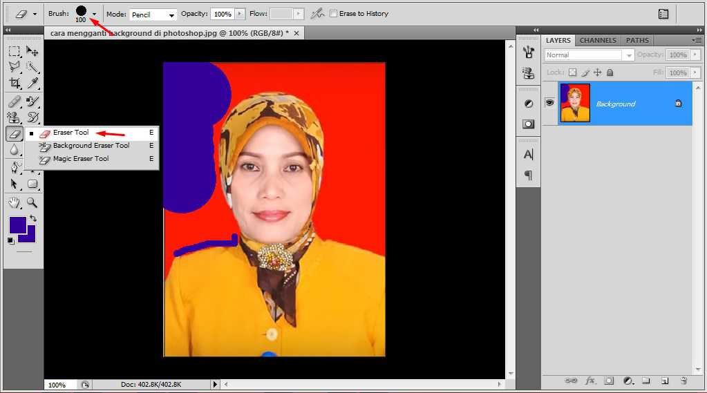 cara mengganti background di photoshop dengan eraser tool